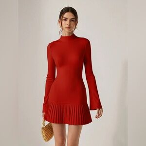 COMMENSE Pleated Hem Mock Neck Mini Dress - size Small